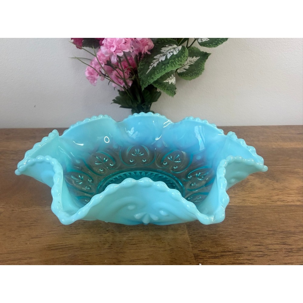 Vintage‎ Blue Milk Glass Bowl Ruffled Edge Scroll Pattern Candy Dish MCM Art